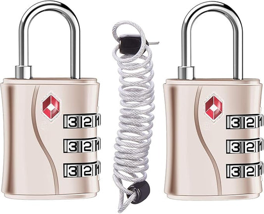 ZHEGE TSA Locks for Luggage, 3 Dial Zipper Travel Lock with Cable (30 in) for Suitcase, Backpack, Baggage (Rose Gold, 2 Pack)
