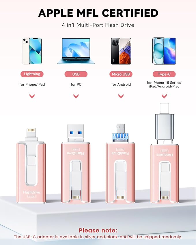 MFi Certified 512GB Flash Drive for iPhone iPad, Photo Stick for External Memory Storage, Easily Back Up and Save Files, USB Memory Stick Thumb Drive for iPhone/iPad/Android/PC (Light Pink, 512GB)