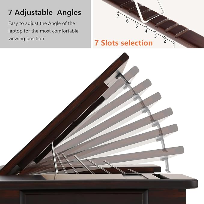 Nnewvante Laptop Bed Desk Bamboo Lap Table with Tablet Slot Height & Angle Adjustable Computer Lap Desk with Drawer Breakfast Serving Tray for Bed Floor, Black Walnut