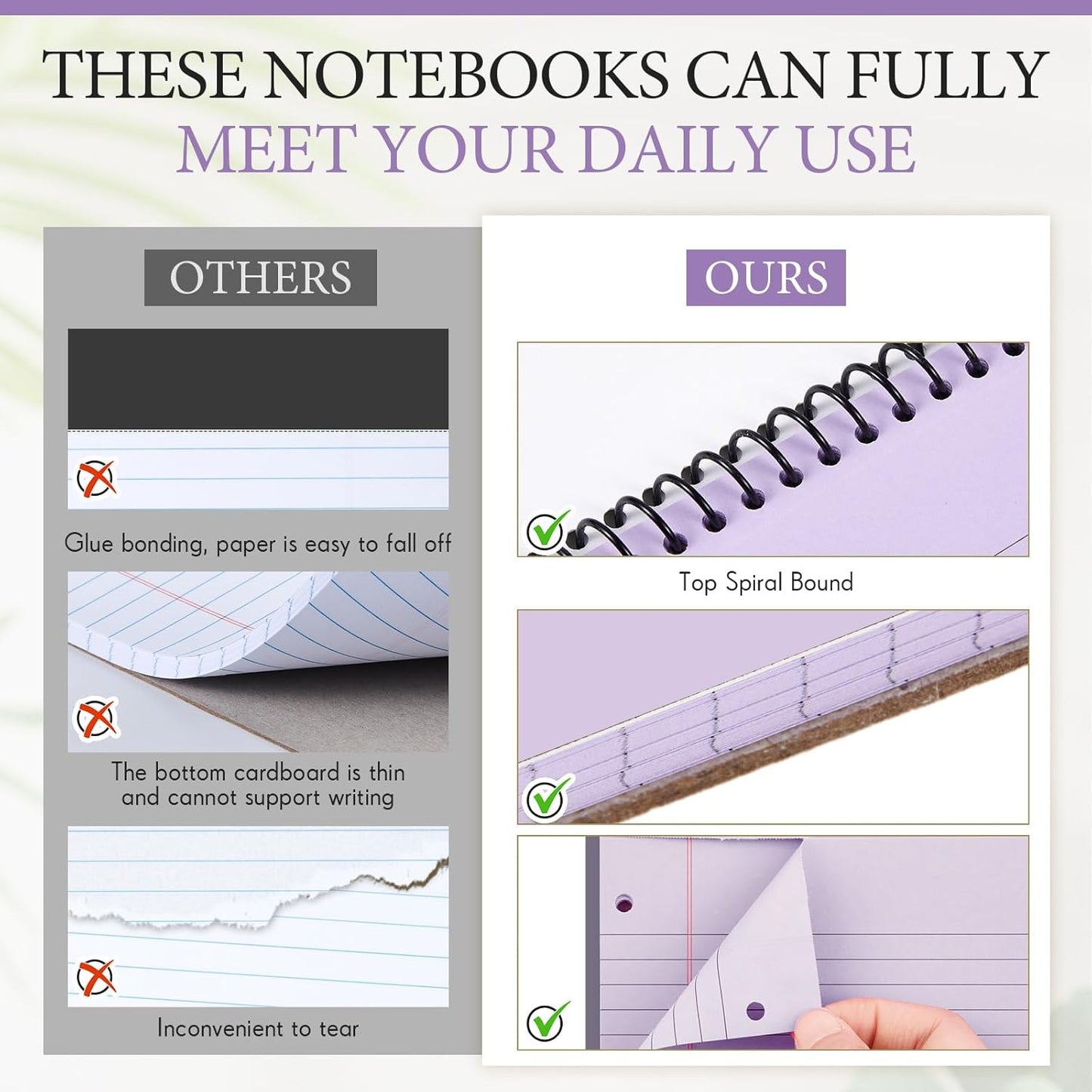 10 Packs 8.5" x 11" Top Spiral Notebook with 3 Hole Punched Legal Pads College Ruled Notepad 50 Sheets Hard Cardboard Paper Wirebound Notepad for Office School Business (Green,Blue,Purple)