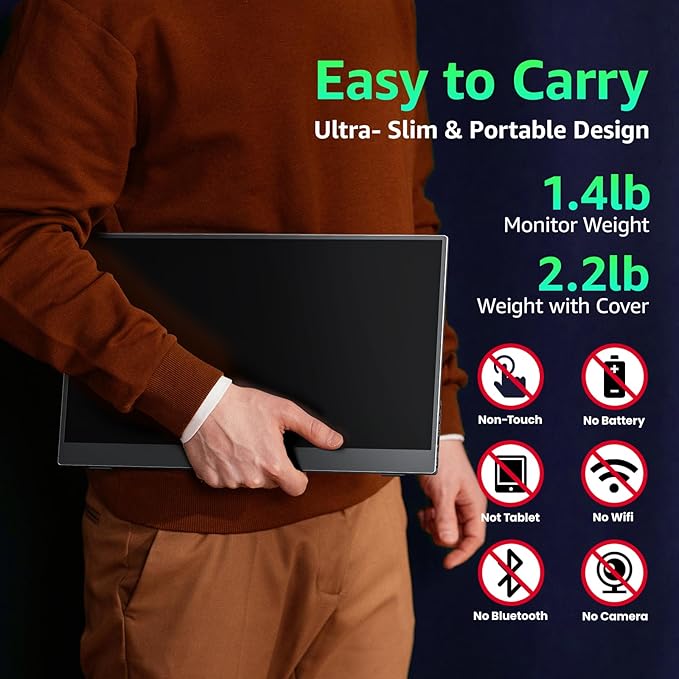 Portable Monitor 15.6 inch 1080P FHD 86% sRGB 60Hz, Travel Monitor for Laptop MacBook Surface PC Xbox PS5, HDMI Dual USB-C VESA Compatible Built-in Speaker