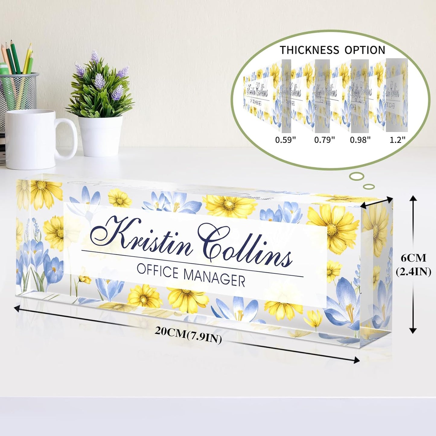 Custom Name Plate for Desk, Acrylic Office Decor For Women Men, Personalized Office Desk Accessories, Teacher Employee Appreciation Gifts For Social Worker Boss Coworkers (Flowers-6)
