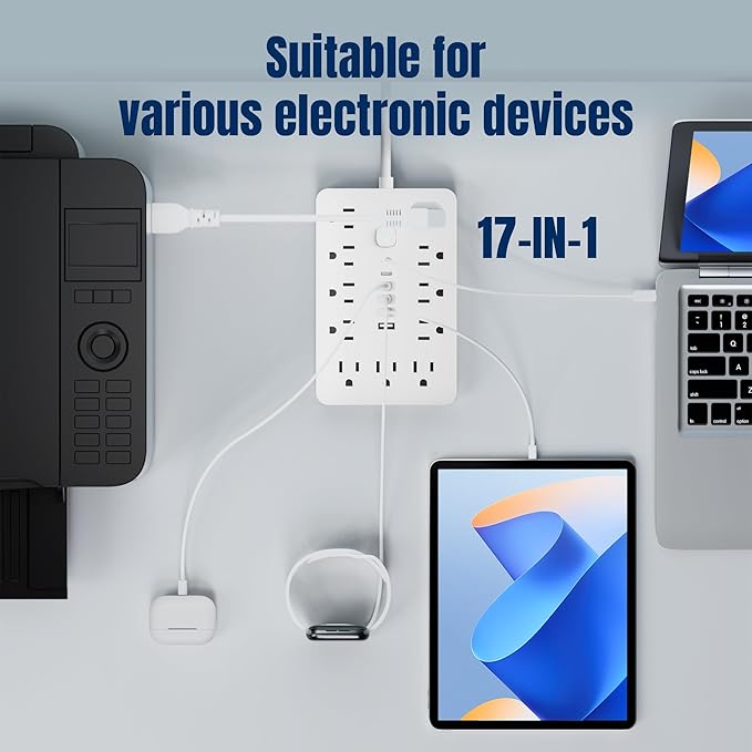 10 FT Flat Plug Surge Protector Power Strip,11 Multiple AC Outlets with 6 USB Ports (2 USB C), 6 Feet Extension Cord, 1250W/10A, One Touch Switch Button, White