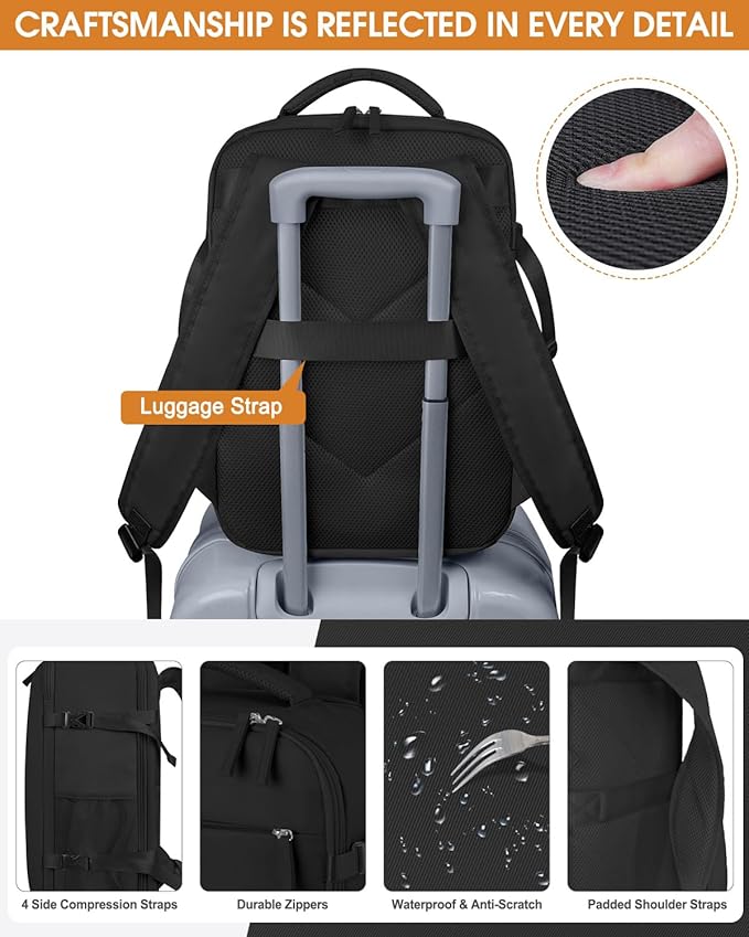 Capolo Travel Backpack for Women Men Waterproof Laptop Backpack Airlines Approved Personal Item Backpack Bag Computer Bookbag for Business, Work, Traveling Fits 15.6 Inch Laptop(Black Zipper)