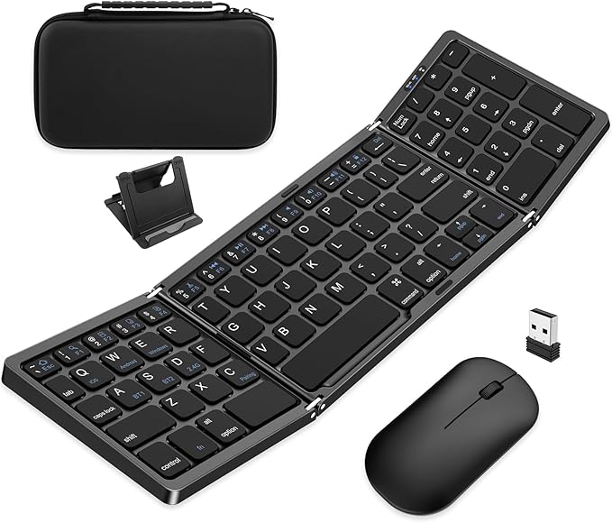 Foldable Keyboard and Mouse, EDJO Folding Wireless Keyboard Mouse Combo with Portable Case, Rechargeable 2.4G+Bluetooth Multi-Device Combo for Windows, iOS, Android, MacOS PC/Laptop/Tablet