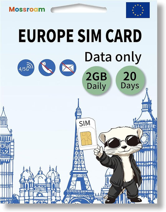 Data SIM Card for Europe Travel 20 Days 2GB Daily for Unlocked Phones,Easy Activation 4/5G High-Speed Communication, Coverage of All European Countries