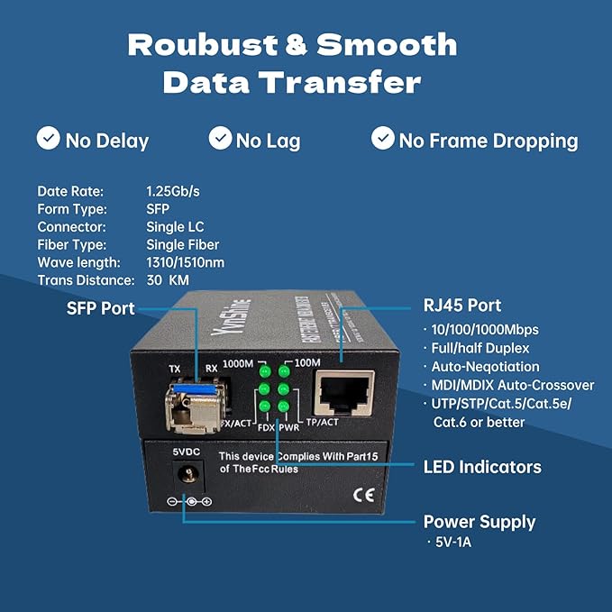1 Pair Fiber Ethernet Media Converter, Includes 1 Pair 1.25G Single-Mode Single-Fiber SFP Transceiver, Gigabit SFP to RJ45 Converter with 1000BASE-SX SFP to LC Module (WDM 1310&1550nm, Up to 30KM)