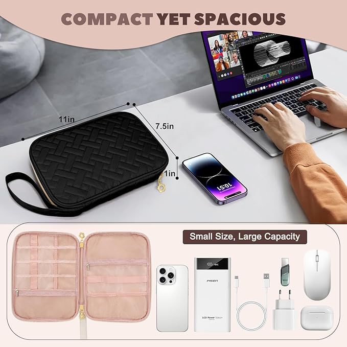 Electronics Organizer Travel Case, Charger Bag Cord Organizer Travel, Compact Tech Pouch Cable Organizer Bag for Charger, Cords, Phone, Headphones, Flash Drive, SD Card (Black, Large-Single Layer)