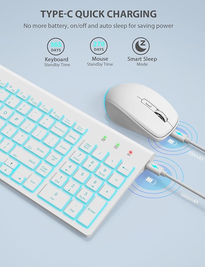 SABLUTE Wireless Keyboard and Mouse Combo Backlit - Compact Quiet Keyboard with RGB Mouse, Rechargeable, Slim, Sleep Mode, Portable Cordless Keyboard Mouse Set for Mac, Windows, Laptop (Polar White)