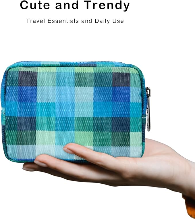 E-Tree Cute Small Makeup Bag,Cosmetic Toiletry Make up Little Items Pouch for Purse,Zipper Mini Tech Charger Cable Electronic Organizer Case,Travel Accessories for Women Men Teen,Blue Checkered