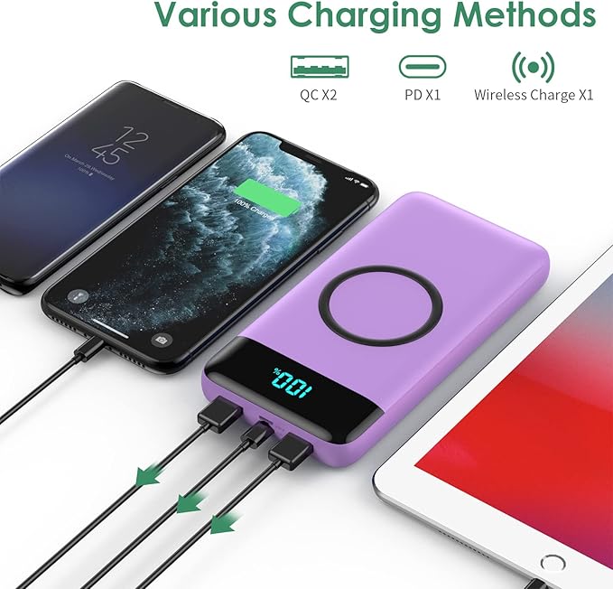 Wireless Portable Charger 30,800mAh 15W Wireless Charging 25W PD QC4.0 Fast Charging Smart LED Display USB-C Power Bank,4 Output& 2 Input External Battery Pack Compatible with iPhone, Samsung -Purple