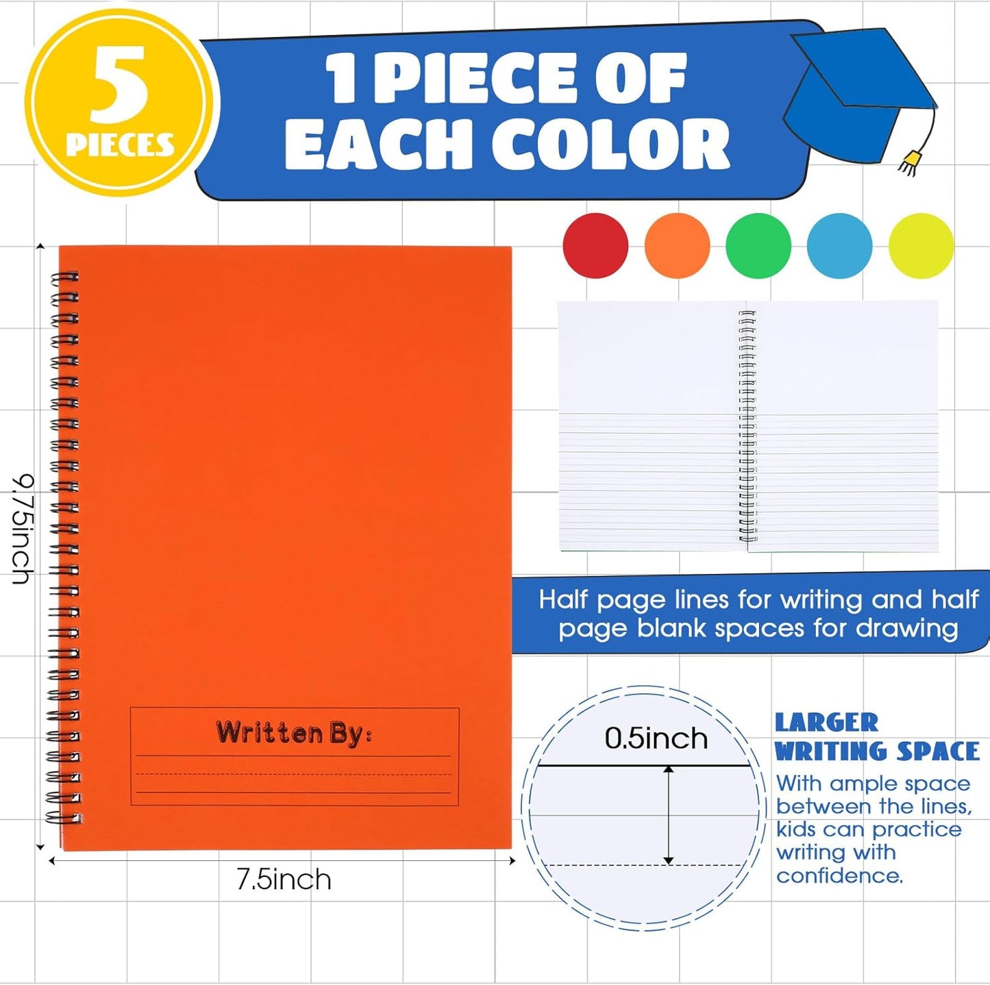 Henoyso 5 Pcs 100/50 Sheets Primary Composition Notebook K-2 Bulk Spiral Primary Journal Drawing Handwriting Practice for Kids Kindergarten 1st 2nd Back to School Supplies (Bright Color,50 Sheets)