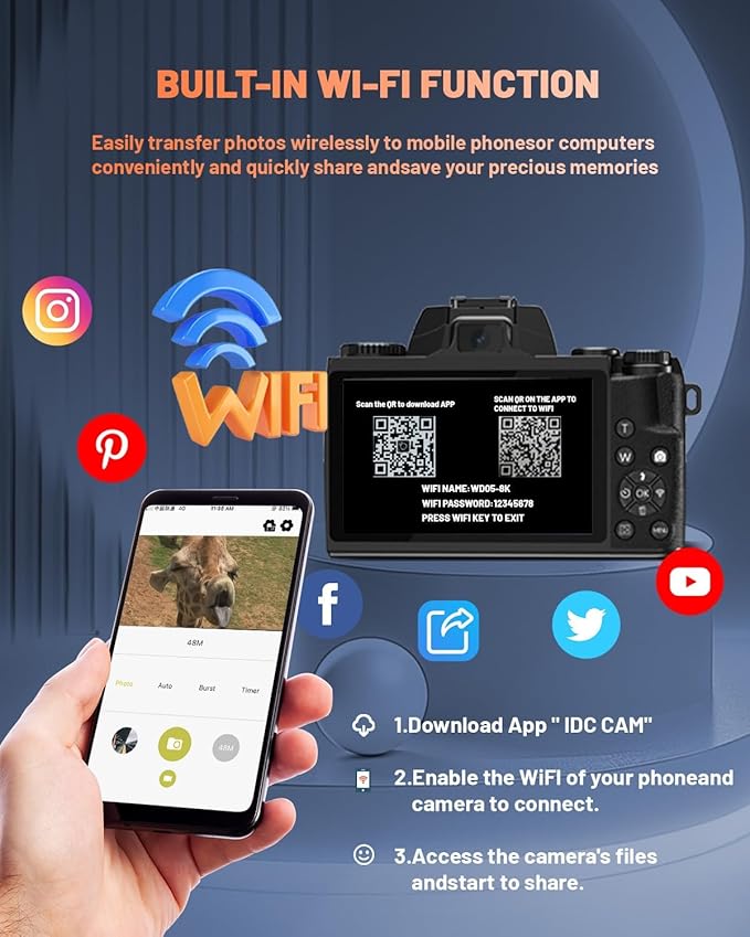 8K 64MP Digital Camera for Photography, Vlogging Camera with Autofocus, WiFi, 4Inch Touchscreen, 16X Digital Zoom, 3000mAh Battery, Dual-Lens, Lens Hood, 32GB TF Card and Flash,Black