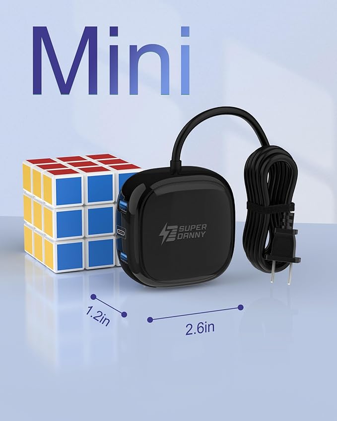 SUPERDANNY 6-Port USB Charger 8A, 40W Mini USB Charging Station, Charging Station for Multiple Devices, 4ft Cable, Compatible with iPhone, iPad, Galaxy, Pixel, for Travel, Cruise, Black