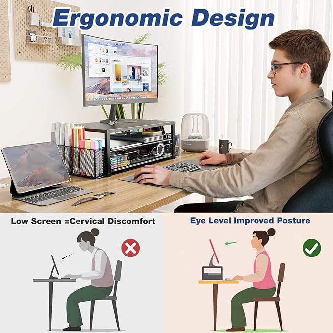 Desk Organizer and Accessories, 2-Tier Computer Monitor Stand Riser with Drawer and 2 Pen Holders, Laptop Stand, Office Desk Accessories for Office Supplies, Black