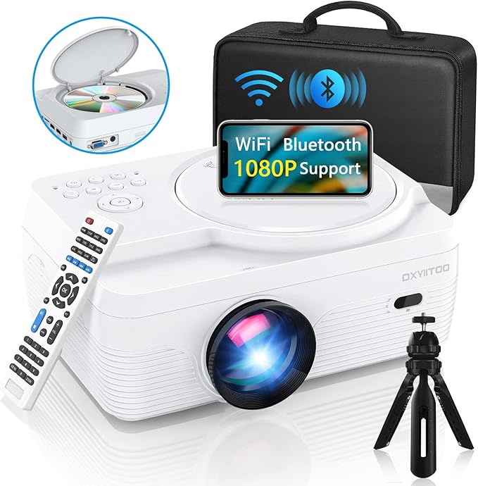 Full HD WiFi Bluetooth Projector Built in DVD Player, 12000LM 1080P Supported, Portable Mini DVD Projector for Outdoor Movies, 250" Home Theater, Compatible with iOS/Android/TV Stick/PS4/HDMI/USB/TF