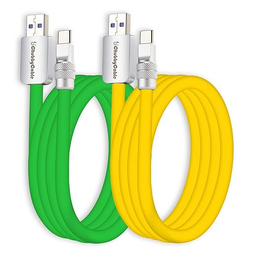 chubbycable Couple Chubby 2-Pack 120W USB C Cable Extra Thick Silicone Fast Charging Cable Compatible with iPhone 17-15 Series iPad Galaxy Series, Green+Yellow, USB-A to Type-C, 13.1FT
