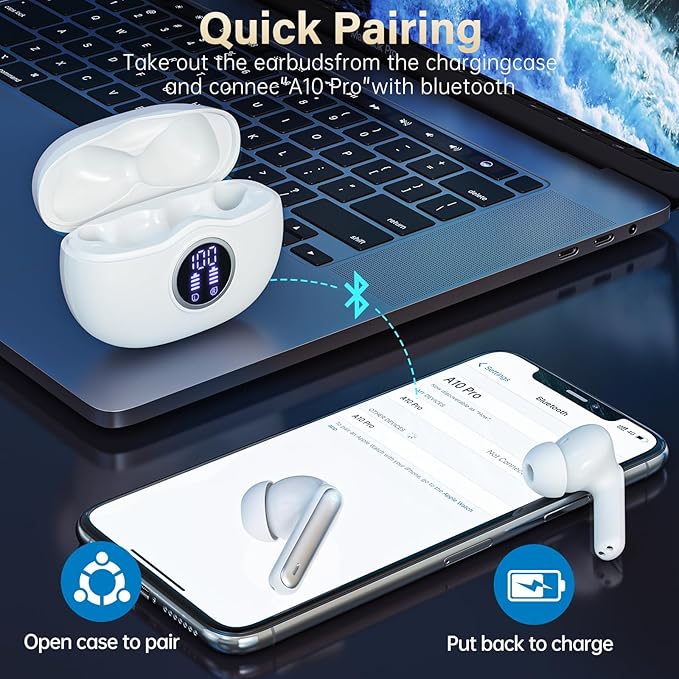 Wireless Earbuds, Bluetooth 5.3 Headphones HiFi Stereo 50H Playback LED Digital Display Ear Buds with ENC Noise Canceling Headset, IPX7 Waterproof Earphones for Gym/Running/Work