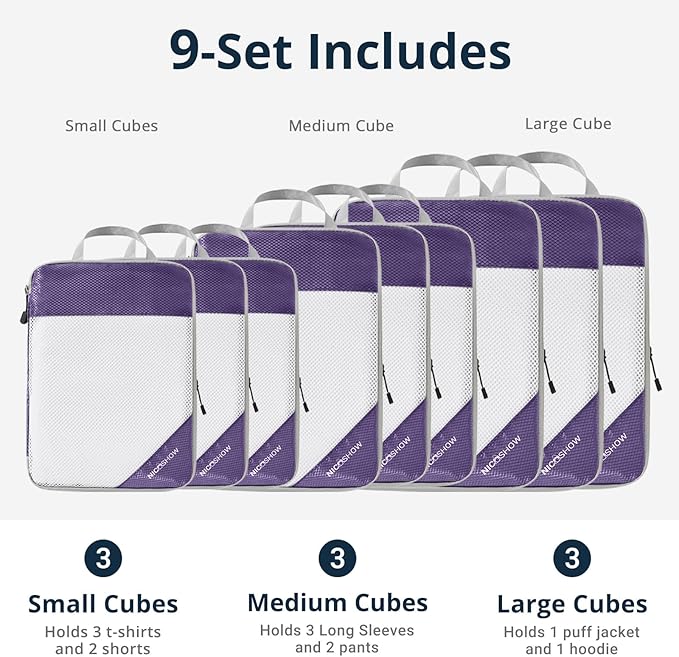 9 Set Compression Packing Cubes for Travel - Compressible, Lightweight, and Space-Saving Packing Cubes, Travel Essentials for Women, Purple