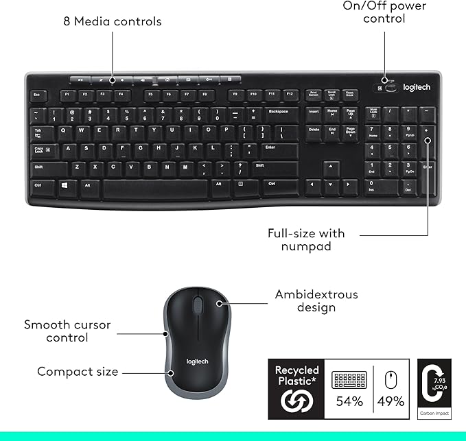 Logitech MK270 Wireless Keyboard and Mouse Combo for Windows, 2.4 GHz, 8 Multimedia Keys, PC, Laptop, Wireless Keyboard Compact Mouse Combo - Black