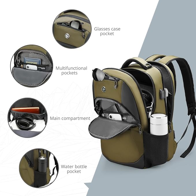 Swissdigital Design Business Laptop Backpack, College Laptops Backpack with USB Charging Port for Men and Women Fits 16 Inch Notebook, Olive | ANDWIL