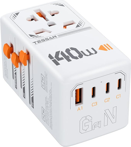 TESSAN Universal Travel Adapter 140W GaN, International Plug Adaptor with 1 USB A and 3 USB C Charging Ports, Worldwide Power Outlet for US to Europe UK AUS Ireland(Type C/G/A/I)