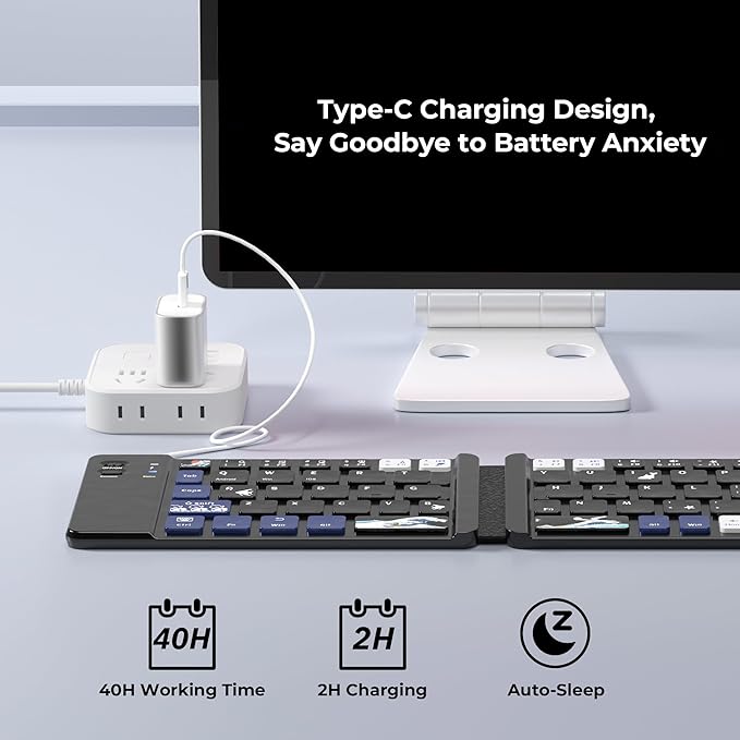 OHY XVX WK60 Foldable Bluetooth Keyboard for iPad, iPhone, MacBook, Android & Windows, Japanese Kanagawa Wave Art Design,Ultra-Portable Wireless Keyboard with Bluetooth 5.0 & 20H Battery - Black