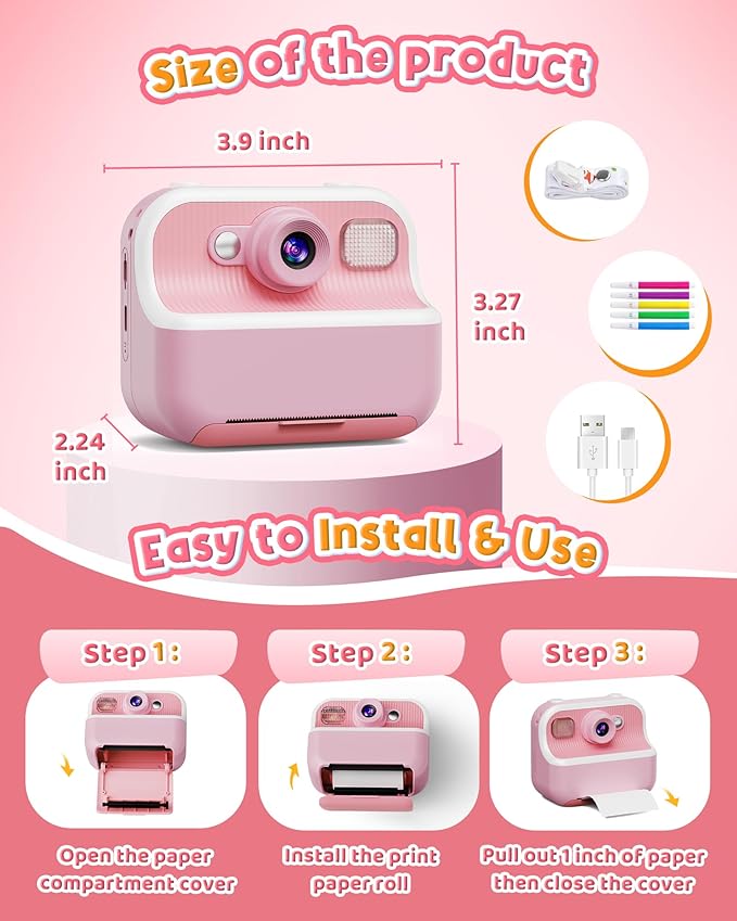 Instant Camera, Front Rear Dual Selfie Kids Camera with 1080P Videos, Holiday Birthday Gifts for Kids Age 3-12, Toddler Portable Travel Print Digital Camera Toy for 4 5 6 7 8 9 Year Boys Girls