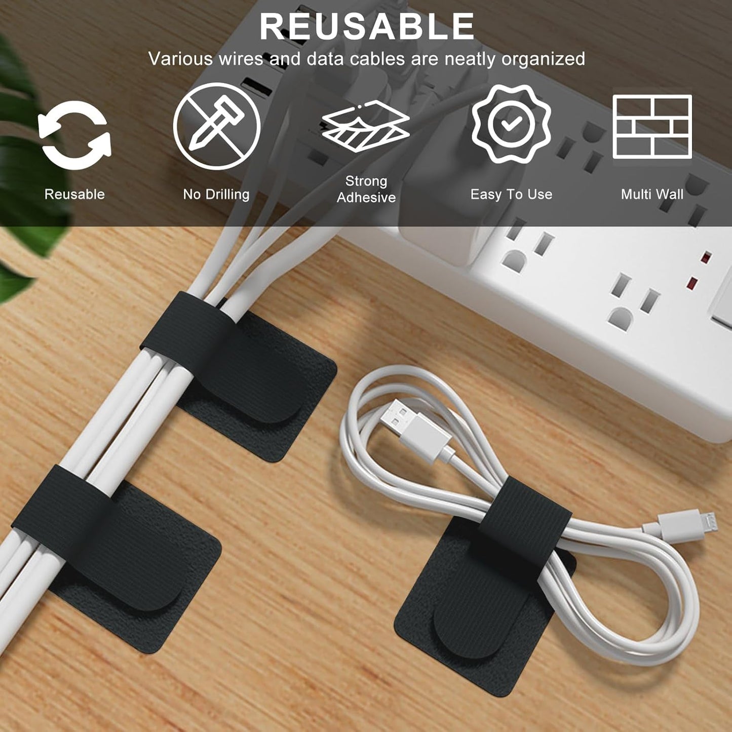 50-Pack Reusable Self-Adhesive Cable Ties Cable Management Adjustable Hook & Loop Straps for Organizing Data Cables, Wires, Headphones Under-Table Cord Management for Home, Office