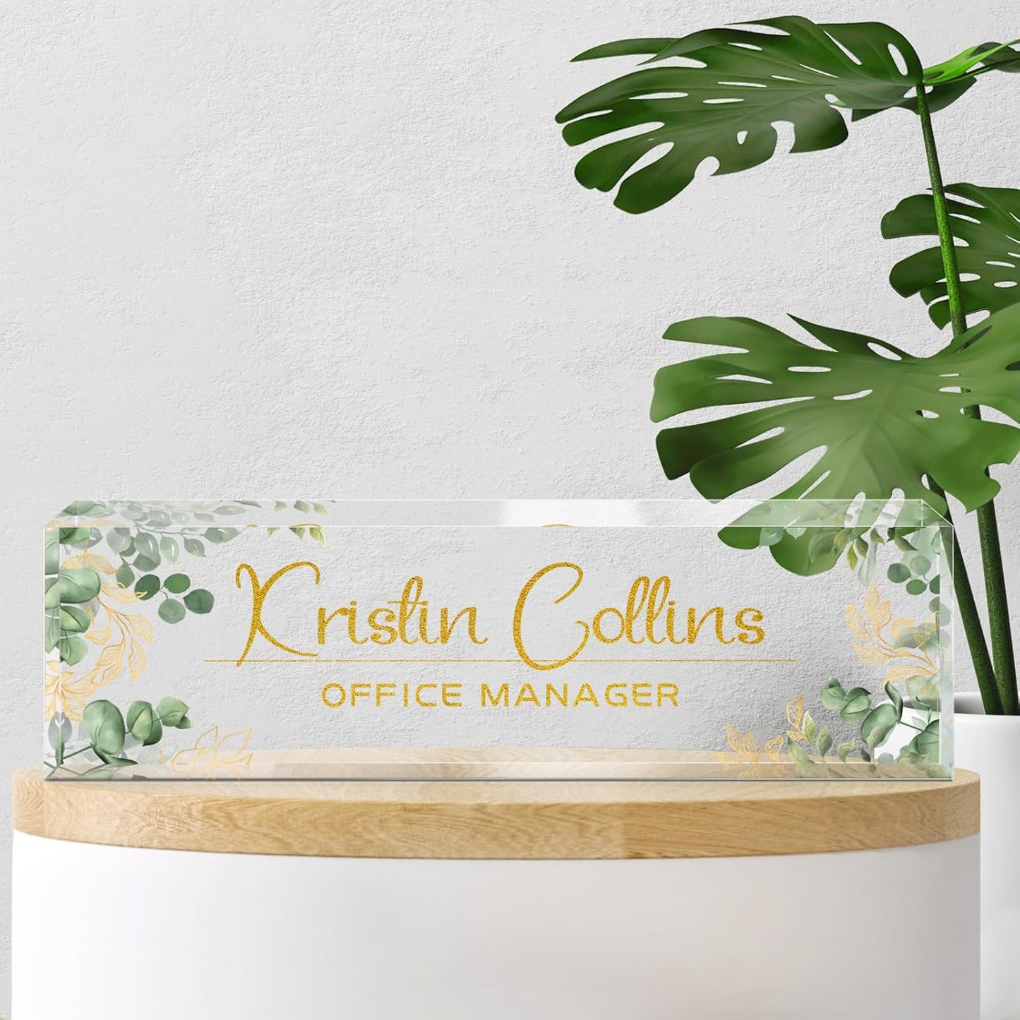 Custom Name Plate for Desk, Acrylic Office Decor For Women Men, Personalized Office Desk Accessories, Teacher Employee Appreciation Gifts For Social Worker Boss Coworkers (Green Leaves)