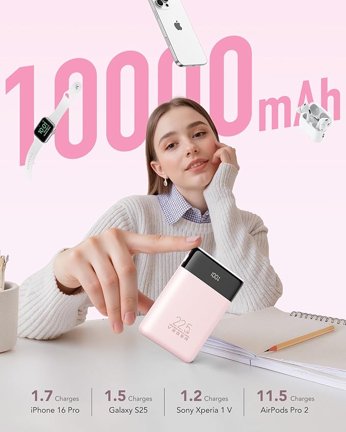 VEGER Portable Charger with Built in Cables, Slim 10000mAh PD 22.5W Fast Charging USB C Power Bank, 4 Outputs 3 Inputs Battery Pack Compatible with iPhone 16e 15 14 13 Samsung iPad - Travel Essential