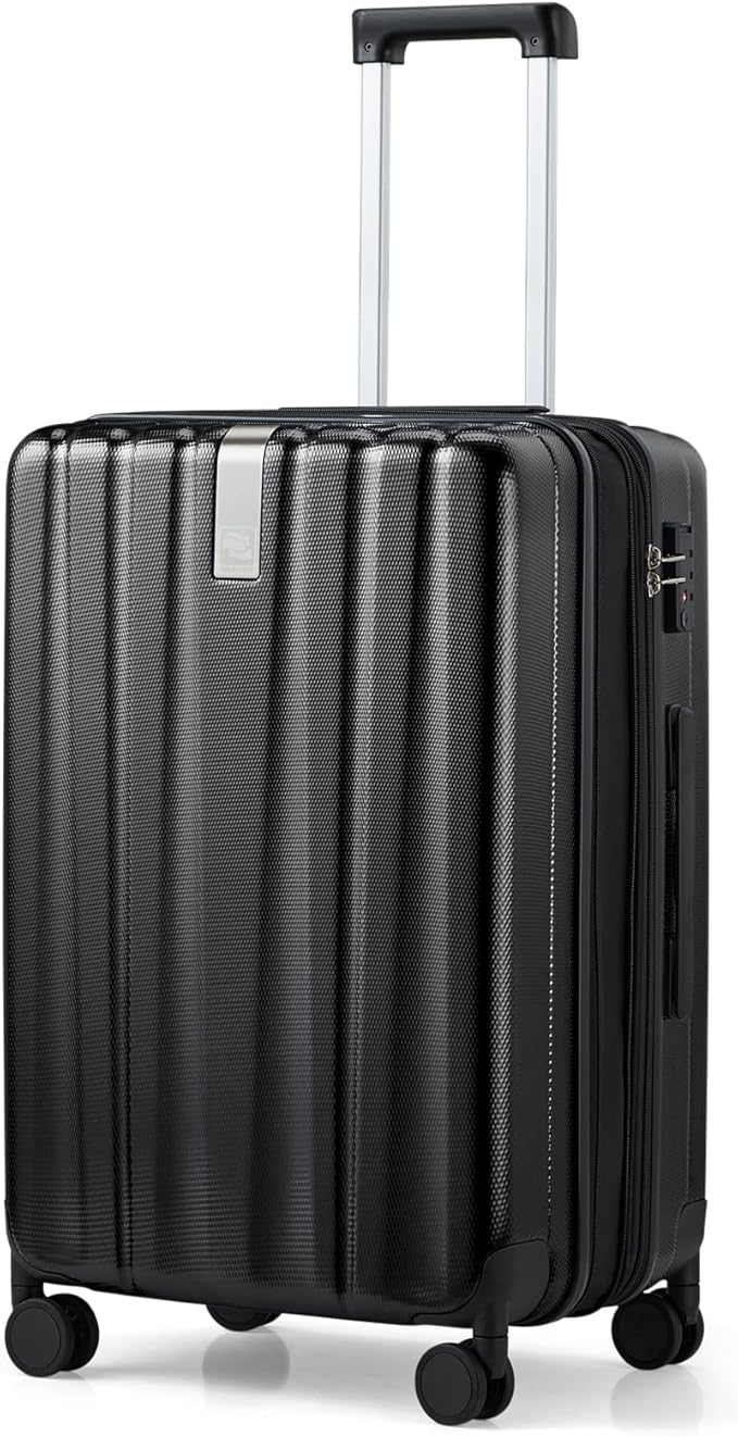 Hanke 24 Inch Expandable Checked Luggage Lightweight PC Hard Shell luggage Suitcases with Wheels Travel Luggage Rolling Large Suitcase Travel Luggage Bag for Go To University.(Jet Black)