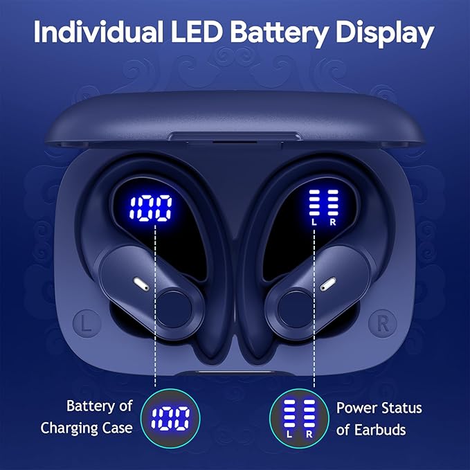 GOLREX Active Noise Cancelling Ear Buds Wireless Earbuds Bluetooth Headphones with 80H Playtime LED Display Charging Case, Over Ear Earphones with Hooks for Sports Running Gym Workout Blue