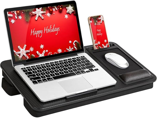 LAPGEAR Large Adjustable Lap Desk with Memory Foam Wrist Rest, Mouse Pad, Phone Holder, Device Ledge, and Booster Cushion - Black Carbon - Fits up to 15.6 Inch Laptops - Style No. 88008