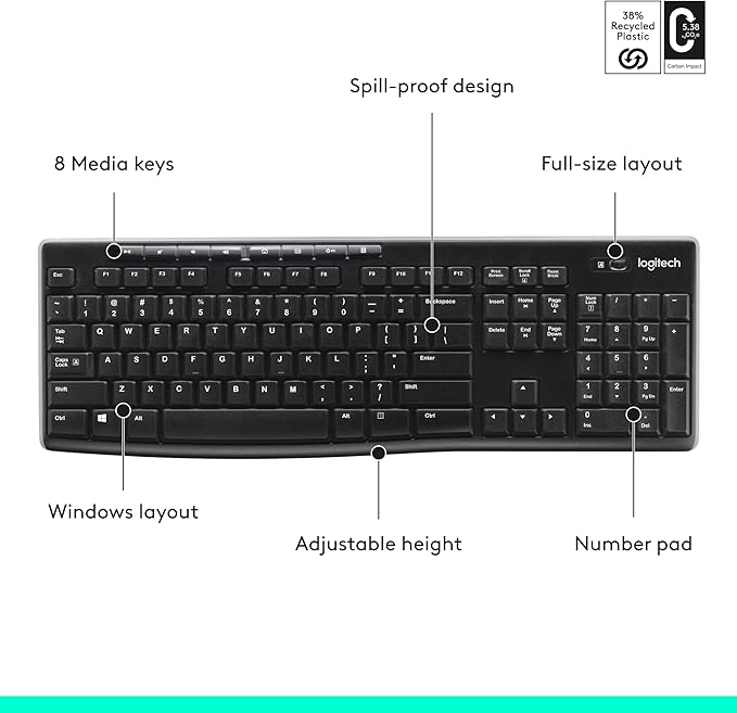 Logitech K270 Wireless Keyboard for Windows, 2.4 GHz Wireless, Full-Size, Number Pad, 8 Multimedia Keys, 2-Year Battery Life, Compatible with PC, Laptop, Black