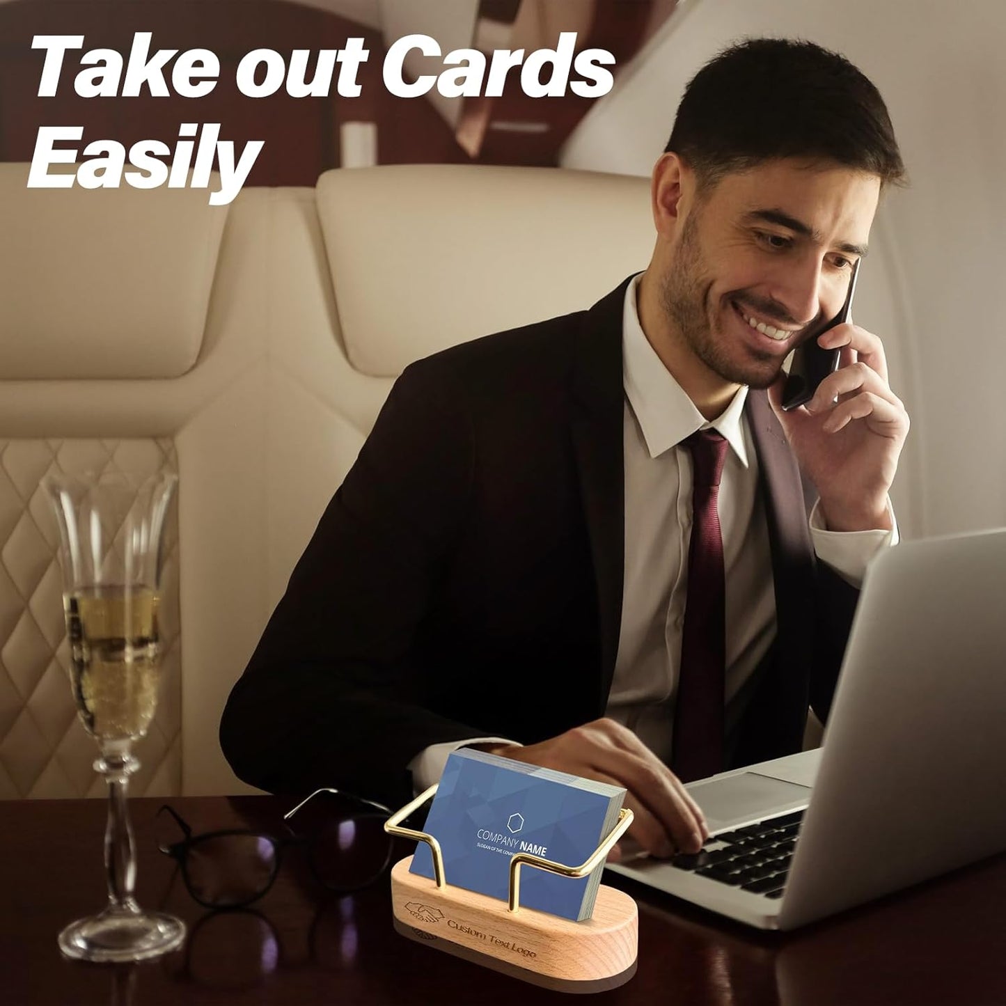 Custom Business Card Holder Desk-Personalized Engraved Wooden Business Card Case Holder, Customized Name Logo Business Card Display Gifts for Men Women (Style2-White)