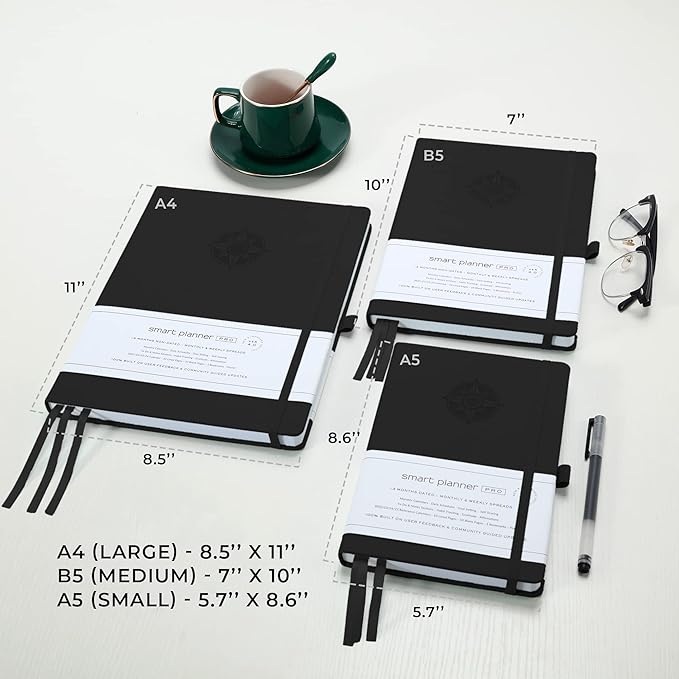 Smart Planner Pro – Undated Daily Planner – Small A5 – Achieve Goals & Increase Productivity – Weekly, Monthly, Work Sections, Organizer Diary with Back Pocket, 3 Satin Bookmarks & Pen Holder