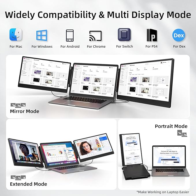 ZUMWALT Laptop Screen Extender, 14" Triple Portable Monitor for Laptop, 1080P FHD Screen Extender Monitors for 13"-16.5", Monitor Extender for MacOS/Windows/Chrome (Built-in Speakers)