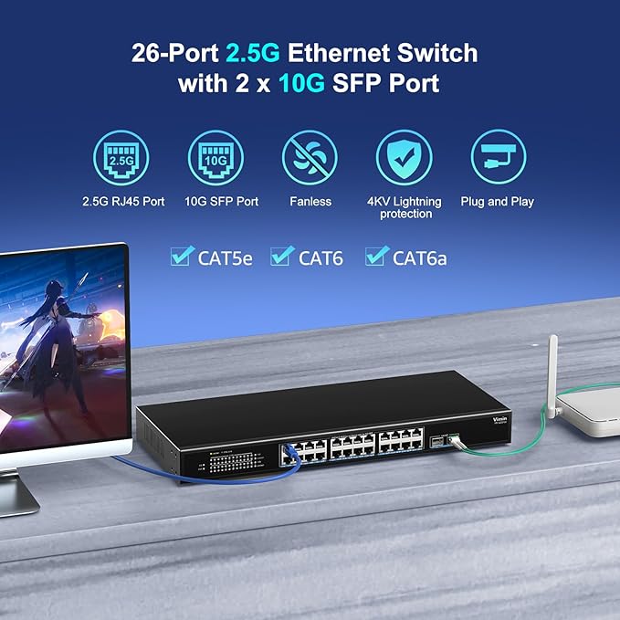 24 Port 2.5G Network Switch with 2x10G SFP, 24x 2.5G Base-T Ethernet Ports, Unmanaged Switch Compatible with 10/100/1000Mbps, 160Gbps Switching Capacity, Metal Housing, Fanless, 19-inch Rack Mount