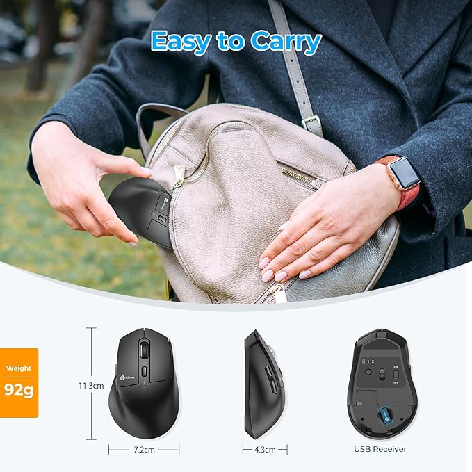 iClever MD360 Ergonomic Bluetooth Mouse with Mouse Jiggler, Wireless Rechargeable Mouse for 3 Devices (BT/2.4G), 4 DPI Settings, Compatible with iPad, Mac, PC