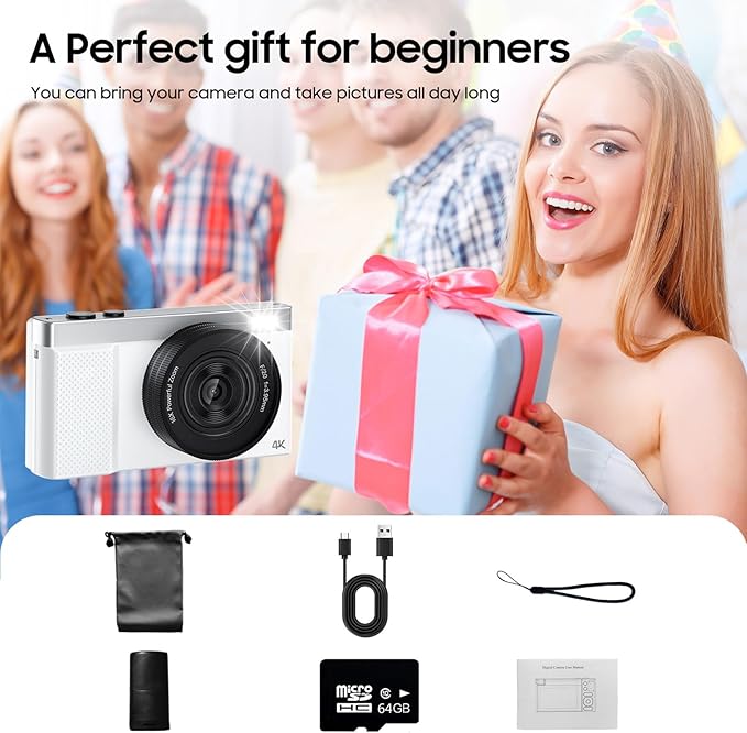 4K Digital Camera, 64MP Vlogging Camera for Photography with 3" 180° Flip Screen, 16X Compact Digital Camera with 64GB Micro SD Card for Beginner (White)