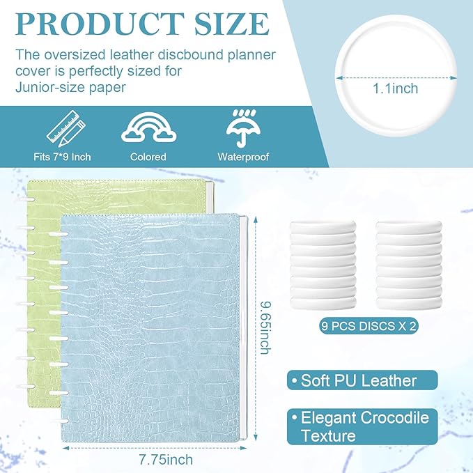 2 Pack Pu Leather 7X9.25 In Discbound Notebook Cover And Disc Set Discbound Planner Cover With 18 Pcs Expansion Discs 9-Disc Disc Bound Notebook Accessories(Blue+Green，No Inner Paper)