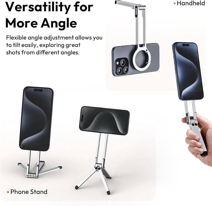 ULANZI MA30 Magnetic Phone Tripod Stand for iPhone - Aluminium Maglock Smartphone Mini Tripod Pocket Cell Phone Stand Strong Magnet Quick Mount Compatible with iPhone 17 16 15 14 13 12 Series, Silver