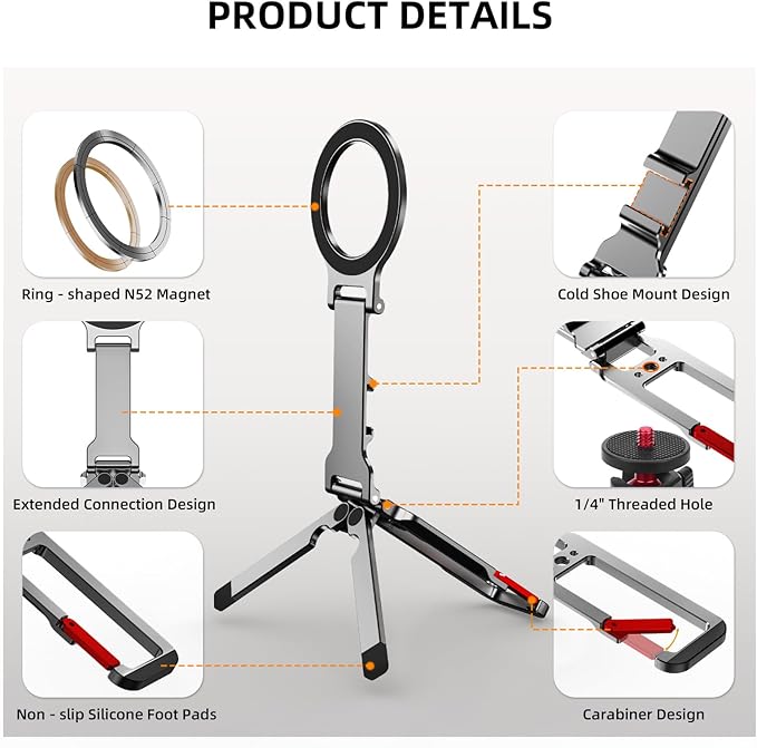 Magnetic Phone Tripod Stand for iPhone, Aluminium Lock Mini Tripod with Arca-Swiss, for MagSafe Smartphone Holder Quick Mount with 1/4'' Screw Hole and Cold Shoe for iPhone 17 16 15 14 13 12