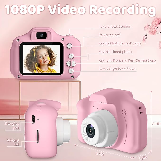 Kids Digital Camera Toys for Girls Ages 3-8, Children Video Camera with Protective Silicone Cover, Birthday Gifts for 3 4 5 6 7 8 Year Old Girls with 16GB SD Card