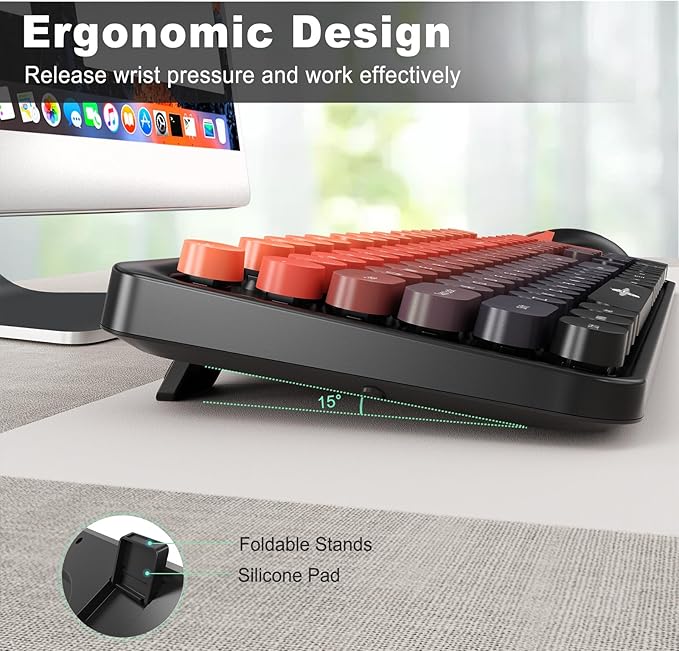 FD Wireless Keyboard and Mouse Combo | Cute Colorful Keyboard and Mouse with 2.4GHz Cordless Retro Typewriter Keyboard | Auto-Sleep | USB Receiver for Windows PC/Laptop - Black Orange Gradient