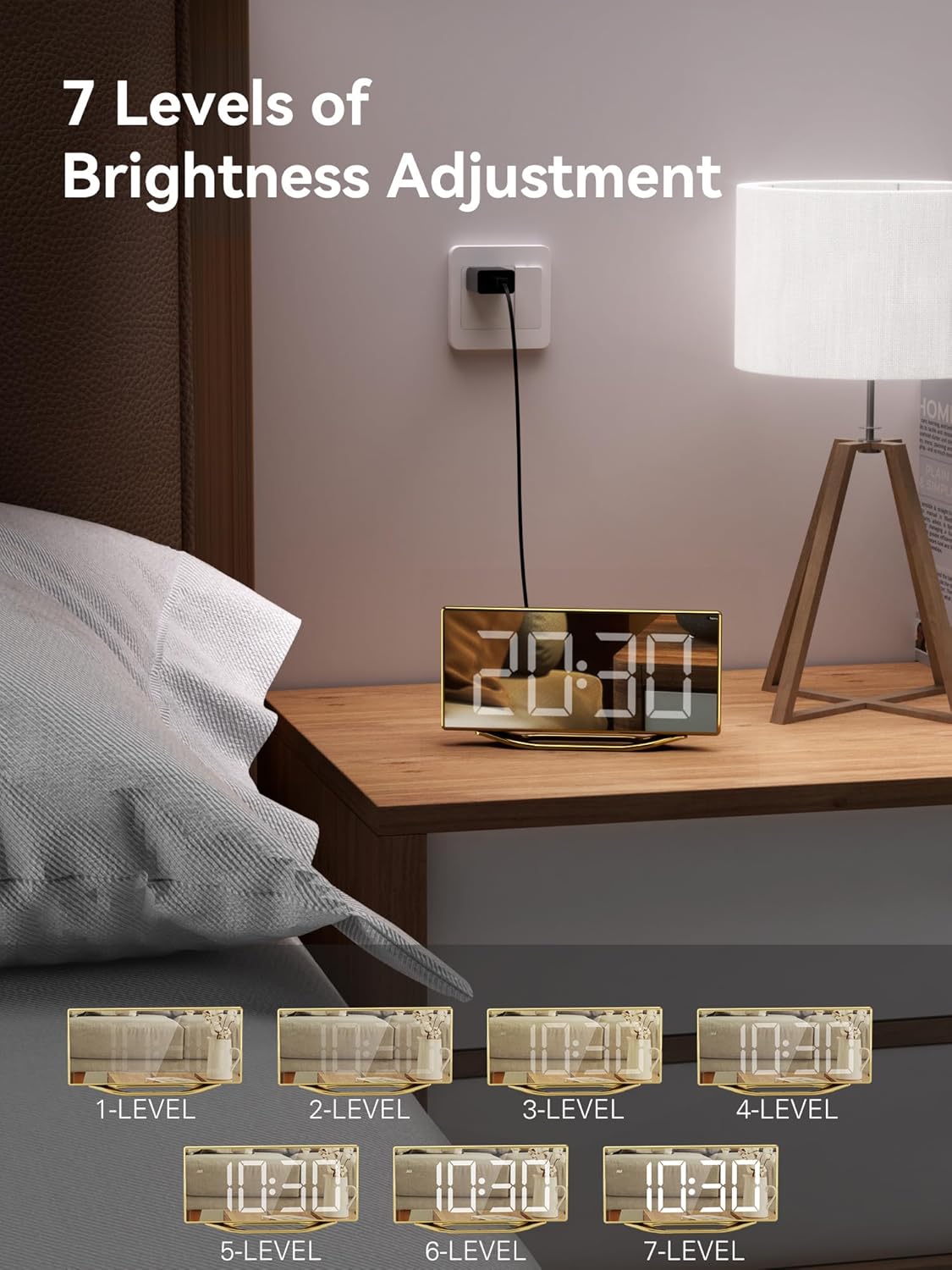 Digital Alarm Clock for Bedrooms, Slim LED Desk Clock with Gold Mirror Finish, 7 Levels Brightness, Dual USB Ports, Snooze, 12/24H, 8.7" Large Display Modern Bedside Clock for Home Office Decor