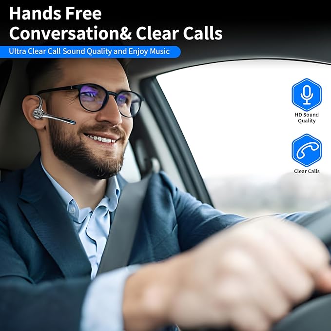 Bluetooth Earpiece Wireless Headset with Noise Cancelling Microphone 160H Standby Time Hands Free Over Ear Ear phone LED Diaplay Charging Case for IOS Android Samsung Cellphones Truck Drivers Business