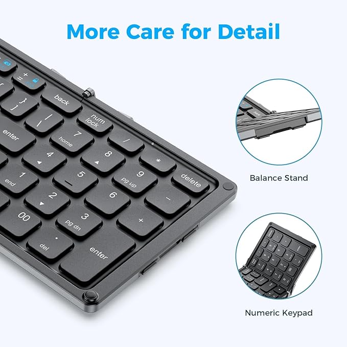 iClever Portable Keyboard, BK09 Foldable Bluetooth Keyboard with Number Pad for Travel and Business Trip, USB-C Rechargeable for Laptop, iPad, iPhone, Sync up to 3 Devices