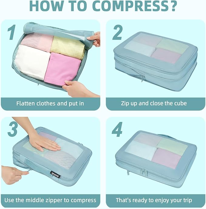 BAGAIL 4 Set/6 Set/8 Set Compression Packing Cubes Travel Accessories Expandable Packing Organizers (Square Mesh, 06-Dusty Blue)